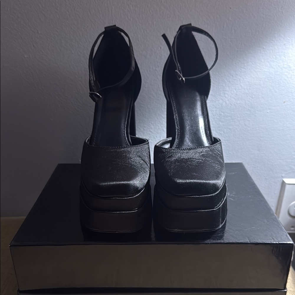 Black Satin Platform Ankle-Strap Women's Heels